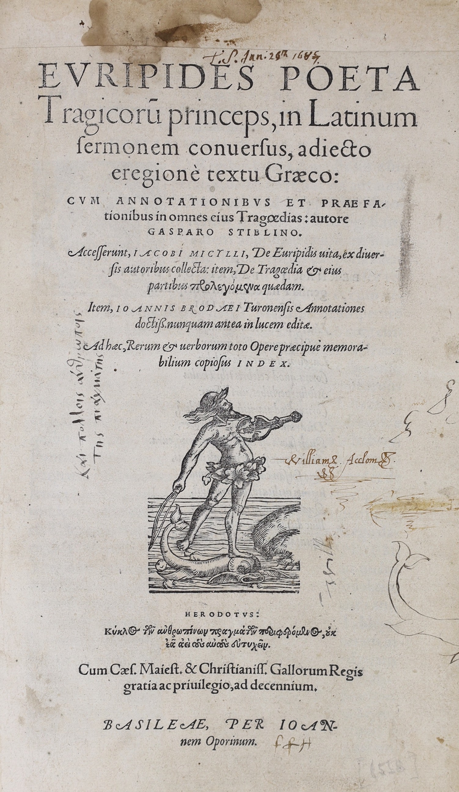 Euripides - Poeta, Tragicoru Princeps, in Latinum Sermonem Conversus..., (translated and edited G. Striblinus et al). engraved title device, engraved headpiece decorations, historiated and decorated initials. 667pp., col